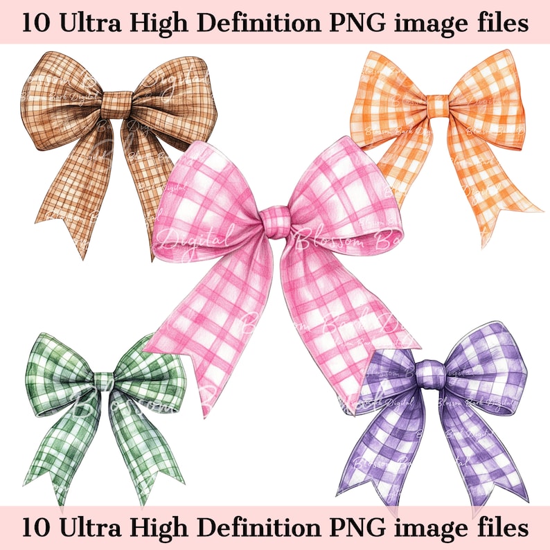 Puede incluir: Conjunto de cinco ilustraciones de acuarela dibujadas a mano de lazos de vichy en varios colores, incluyendo marr&oacute;n, naranja, rosa, verde y morado. Los lazos est&aacute;n todos atados en una forma de lazo cl&aacute;sica y tienen un patr&oacute;n a cuadros.