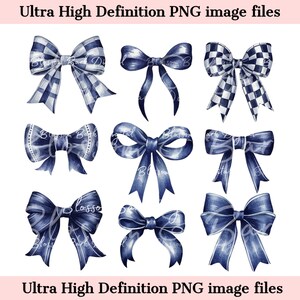 May include: Nine watercolor illustrations of blue bows. The bows are in various styles and sizes. Some bows have a checkered pattern.