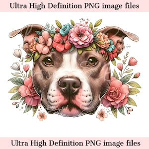 Puede incluir: Un pitbull marrón y blanco con una corona de flores con flores rosas, rojas, azules y blancas. El perro está rodeado de flores rosas, rojas y blancas.