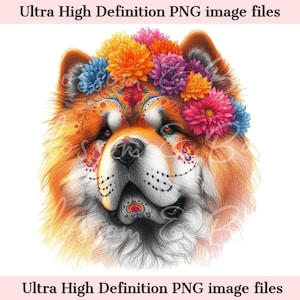 Digitale schattige chow-chow png Dag van de doden - bloemen suikerschedel hond png-download voor Halloween hond moeder shirt sublimatie Mexicaanse suikerschedel