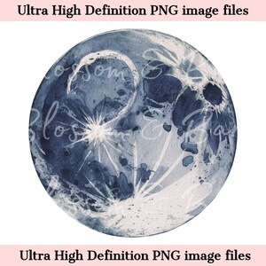 May include: A watercolor painting of a blue moon with a white, star-shaped design in the center. The moon has a textured, mottled appearance, suggesting a realistic depiction.