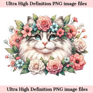 Art numérique de chat de fleur de beau chat sibérien PNG, téléchargement immédiat de PNG de chaton sibérien pour des cadeaux de décoration et d'artisanat - cadeaux de maman de chat