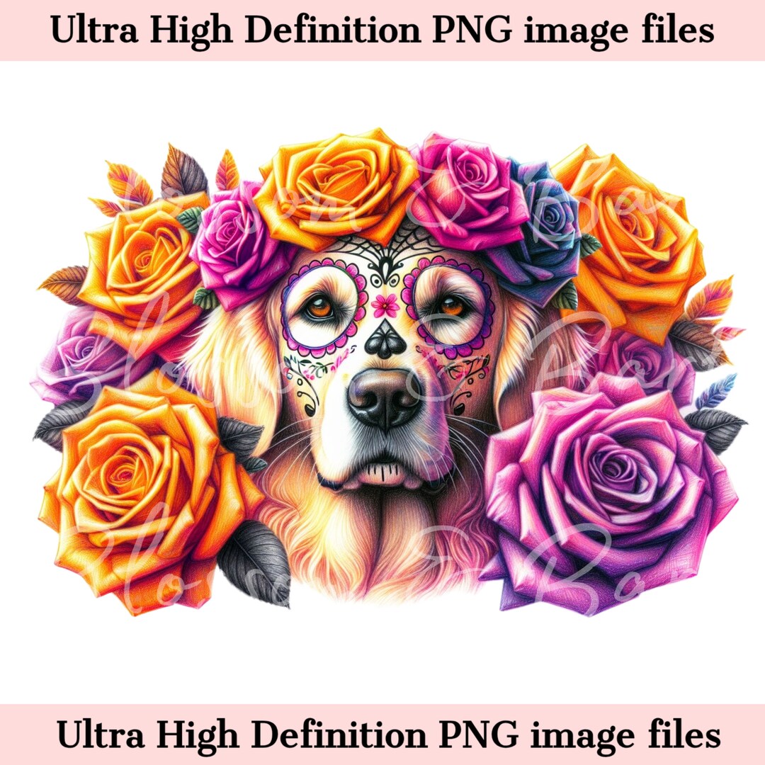 Digital Golden Retriever PNG Day of the Dead - Cute Golden Retriever ...