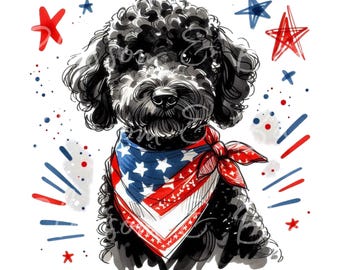 Digitale zwarte doodle png afdrukbaar hondenportret png, Amerika png, zomer goldendoodle png, download voor patriottische 4 juli-sublimatie