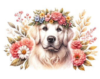 Digital Golden Retriever PNG Flower Dog Art - Cute golden retriever Puppy PNG Instant Download for Home Decor - for commercial use