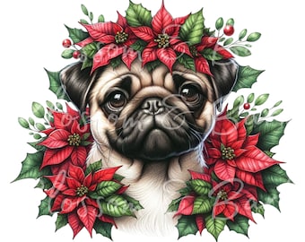 Digitale Natale Pug Dog PNG Holiday Dog Art - Fawn Pug Puppy PNG Download immediato per decorazioni natalizie, regali e magliette di Natale Sublimazione