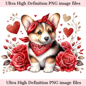 Retrato de perro Pembroke Welsh PNG imprimible digital de San Valentín - Perro Corgi PNG - Descarga para sublimación de camisetas para el día de San Valentín de Dog Mom