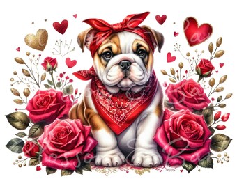 Valentinstag englische Bulldogge PNG Druckbare Hunde Porträt PNG - Bulldogge PNG - Download für Hundemutter Valentinstag Shirt Sublimation