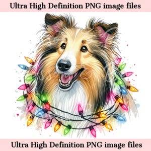 Op de afbeelding: Een aquarel illustratie van een Sheltie hond met een kleurrijke kerstverlichting om zijn nek. De hond heeft een vrolijke uitdrukking, met zijn mond open en tong zichtbaar. De tekst "Ultra High Definition PNG image files" staat boven en onder.
