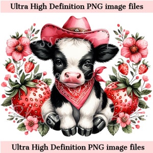 Digital - Vaca Fresa PNG - Descarga instantánea para sublimación de camisa vaquera rosa linda- Diseño occidental de moda - seguro para uso comercial