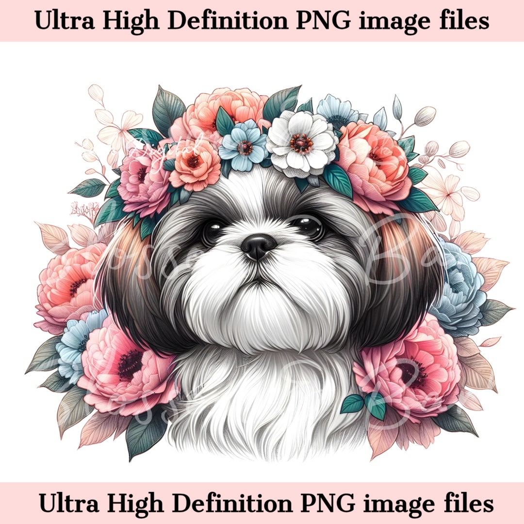 Digital Shih Tzu PNG Flower Dog Art - Cute Shih Tzu Puppy PNG Instant ...