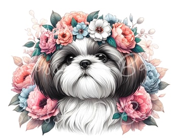Arte digital de perro con flores PNG de Shih Tzu - Lindo cachorro de Shih Tzu PNG Descarga instantánea para decoración del hogar y regalos de manualidades - Sublimación de Dog Mom
