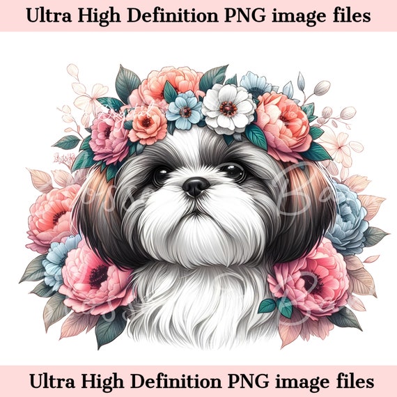 デジタル シーズー PNG フラワー ドッグ アート - かわいいシーズーの