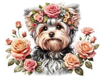 May include: A Yorkshire Terrier dog wearing a flower crown with pink and peach roses around it. The dog has black and tan fur and is looking directly at the viewer.