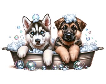 Digital Dog Groomer PNG Puppy Bath Dog Art - Cute German Shepherd and Husky puppy PNG Instant Download for Pet Decor Gifts and sublimation