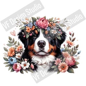 Digital Berner Sennenhund PNG - Blumen-Hundekunst - Berner Welpe PNG Sofort-Download für Hundemutter und Shirt als Sublimationsgeschenk