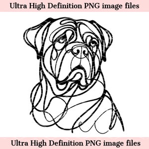 May include: Black and white line art illustration of a dog's head. The dog has a short, flat snout and large, floppy ears.