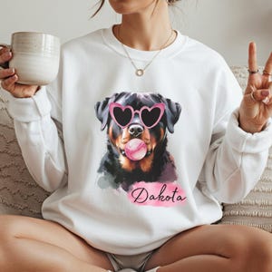 Custom Rottweiler Sweatshirt - Personalized Rottweiler Pet Portrait Pullover, Heart Glasses & Bubblegum Dog Mom Crewneck