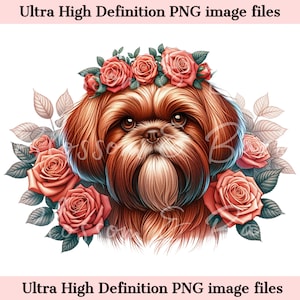Numérique rouge Shih Tzu PNG fleur chien Art - mignon chiot shih tzu PNG téléchargement immédiat pour décoration d'intérieur et cadeaux créatifs - sublimation de maman de chien