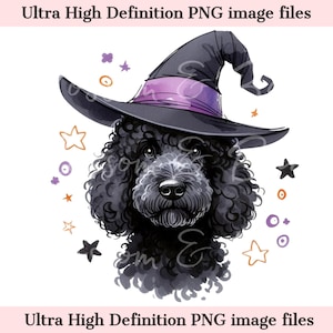 Perro de Halloween con garabatos negros digitales PNG, lindo cachorro PNG, perro labradoodle bruja, descarga para peluquero y dueño de perro con garabatos, sublimación de camisetas
