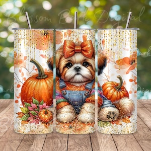 Digital - Shih Tzu Dog with Pumpkin Tumbler Wrap 20 oz Skinny Tumbler Sublimation Design Pumpkin Picking PNG Digital, Shih Tzu PNG