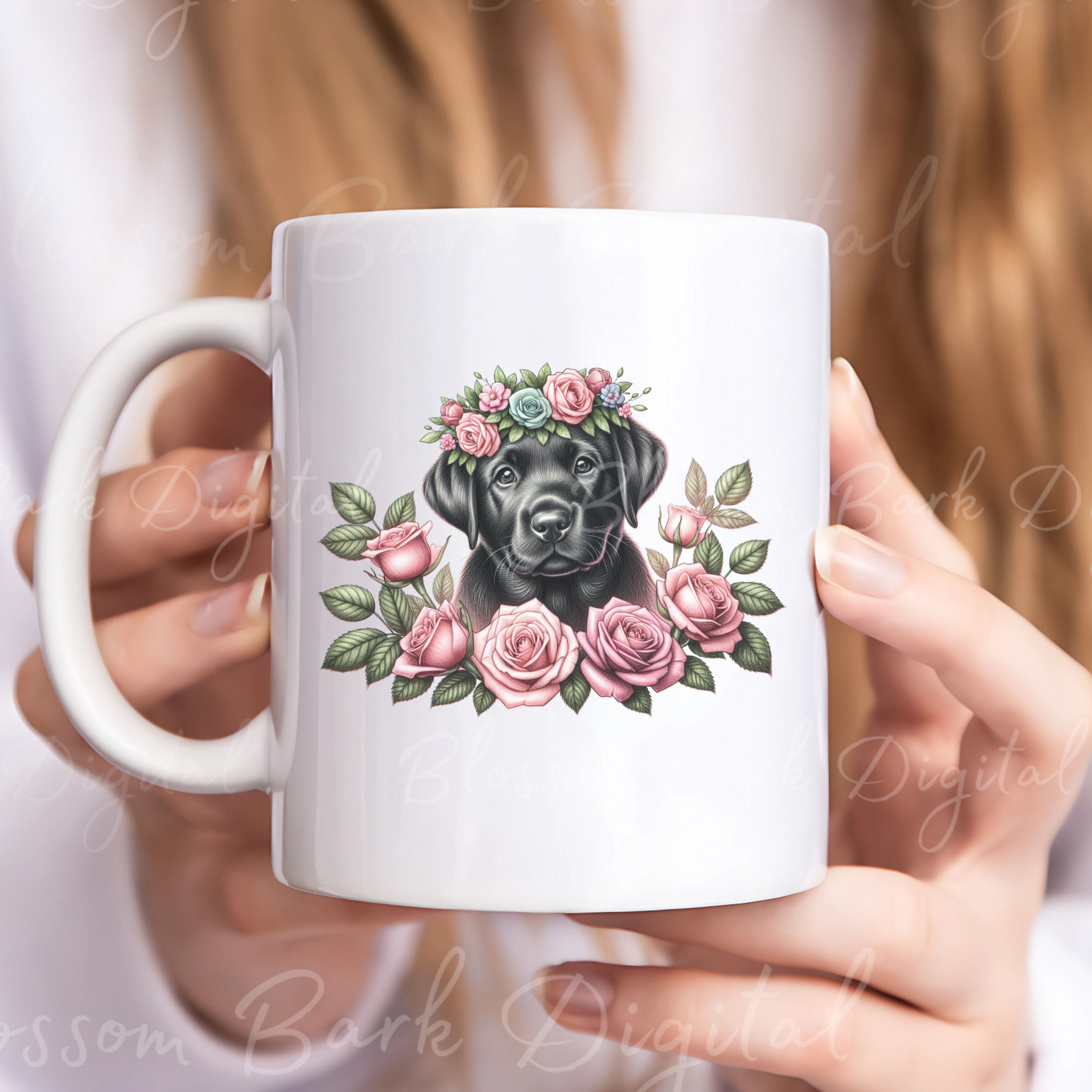 Digital Cute Black Labrador Dog PNG - Floral Cavachon PNG Instant ...