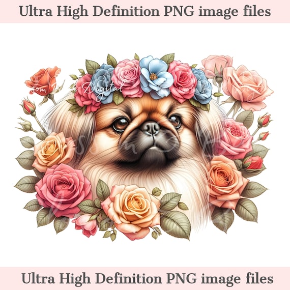 Digital Pekingese PNG Flower Dog Art - Cute Pekingese Puppy PNG