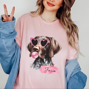 Custom German Shorthair Pointer T-shirt - Personalized Name Unisex Valentine's Day Shirt, Heart Glasses Dog Mom Shirt, Cute GSP T-shirt