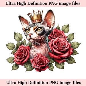 Digital Sphynx Cat PNG King Crown PNG - Lindo Sphynx Kitten PNG Descarga instantánea para el logotipo del peluquero de mascotas y regalo de sublimación de camisa vintage
