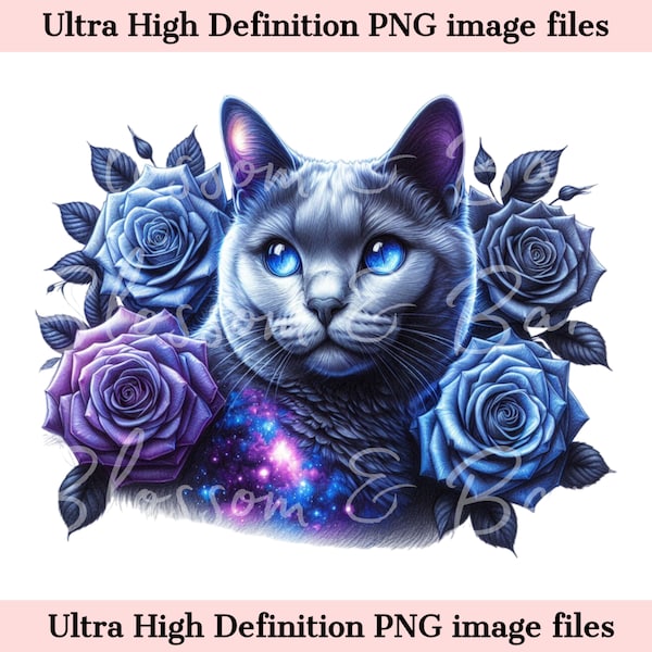 Digital Russian Blue Cat PNG Galaxy PNG - Cute Cat PNG Instant Download for Pet Groomer and Vintage Galaxy Shirt or Tumbler Sublimation Gift