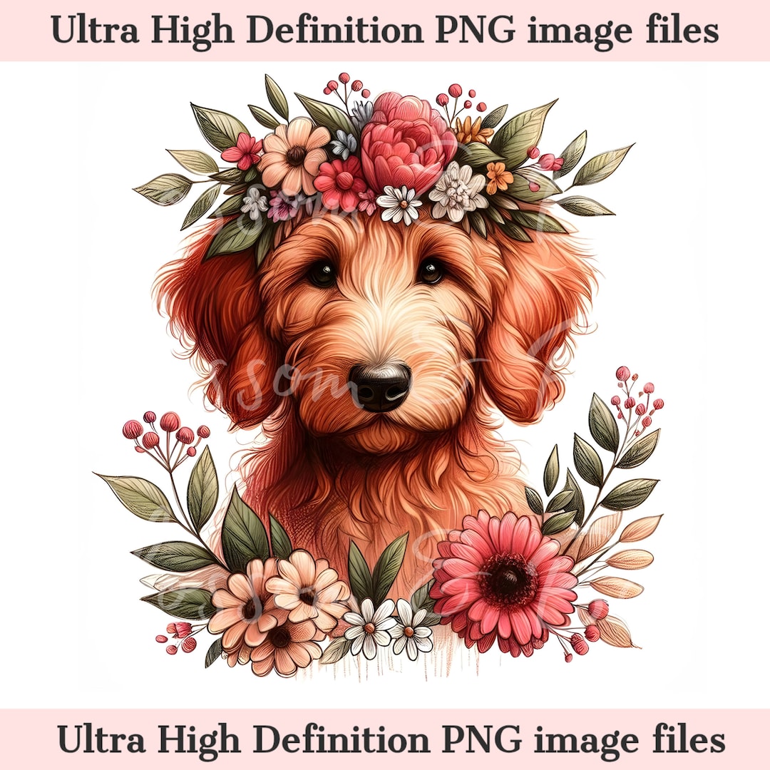 Digital Goldendoodle PNG Flower Dog Art - Cute Golden Doodle Puppy PNG ...