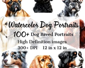 Puede incluir: Una colección de retratos de perros en acuarela, con varias razas. La imagen incluye el texto "Watercolor Dog Portraits", "100+ Dog Breed Portraits" y "12 in x 12 in". Los archivos de imagen son PNG de alta definición.