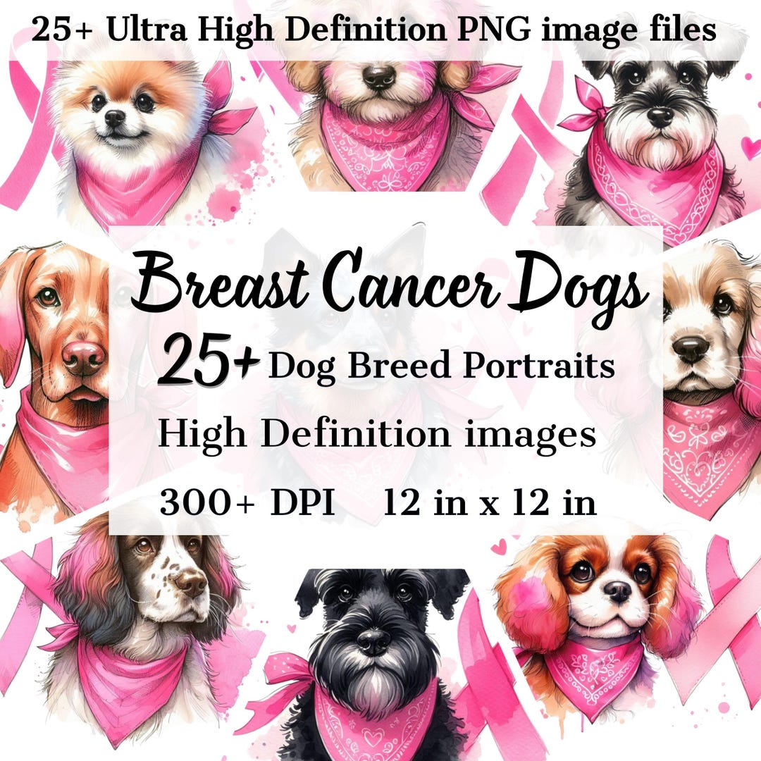 Digital Breast Cancer Dog Bundle - Dog Breed Pink Ribbon Portrait ...