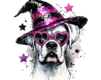 Bóxer blanco rosa digital de Halloween PNG, lindo cachorro PNG perro bruja rosa Descarga para peluquero de mascotas y dueño de perro bóxer Camiseta de sublimación