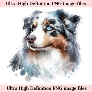 Retrato de perro acuarela PNG de pastor australiano digital - Descarga para sublimación de camiseta de mamá de perro australiano Blue Merle - Seguro para uso comercial