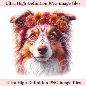 Digitaler niedlicher Australian Shepherd PNG Tag der Toten - Floral Dia de los Muertos Hund PNG Download für Halloween Dog Mom Shirt Sublimation