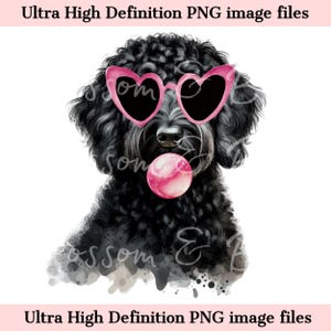 Perro garabato negro digital PNG Retrato de perro en acuarela PNG - Descarga para sublimación de camiseta de perro Labradoodle con gafas de corazón - Seguro para uso comercial
