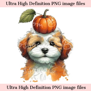 May include: Watercolor illustration of a Cavalier King Charles Spaniel puppy with a small orange pumpkin on its head. The puppy has brown and white fur, with a sweet expression. The image has the text "Ultra High Definition PNG image files" at the top and bottom.