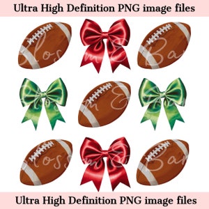 May include: Set of six digital illustrations featuring a brown football with white laces and a red or green bow. The illustrations are perfect for crafting projects, scrapbooking, or digital design.
