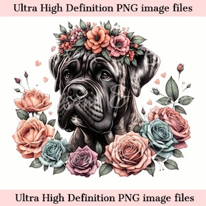 Digital Brindle Cane Corso PNG Flower Dog Art - Cute Italian mastiff PNG Instant Download for Home Decor and Crafting Dog Mom Sublimation