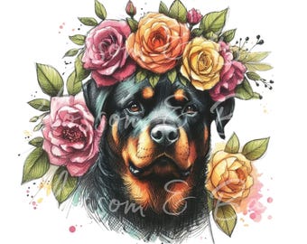 以下が含まれることがあります： ピンク、オレンジ、黄色のバラの花冠をかぶったロットワイラー犬の水彩イラスト。犬は黒い毛皮に茶色のマーキングがあります。画像には「Ultra High Definition PNG image files」というテキストが含まれています。