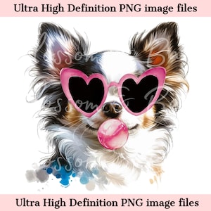 Retrato de perro de acuarela PNG de chihuahua digital - Descarga para sublimación de camiseta de perro chihuahua con gafas de corazón - Seguro para uso comercial