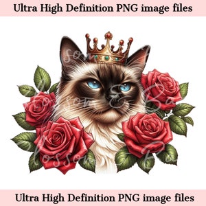 Digital siamés PNG King Crown PNG - Lindo gato siamés PNG Descarga instantánea para el logotipo del peluquero de mascotas y regalo de sublimación de camisa vintage
