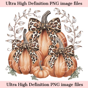 May include: Three pumpkins with leopard print bows. The largest pumpkin is in the back, with a smaller pumpkin in front of it, and a tiny pumpkin in the front. The pumpkins are all brown and orange.