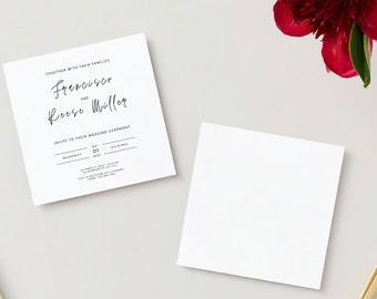 May include: A white wedding invitation card with black text. The text reads "Together with their families, Francisco and Reese Miller, invite you to their wedding ceremony".