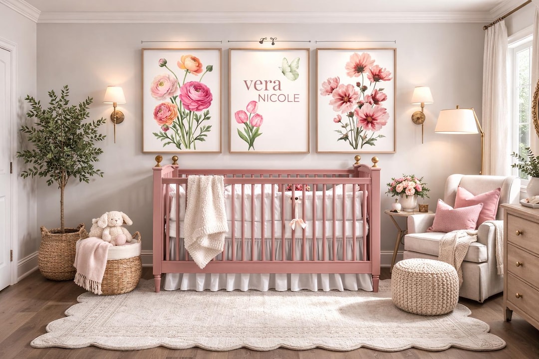 Personalized Baby Name Nursery Wall Art Set Printable Floral Girl Room ...