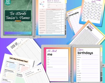 May include: A teacher planner with a colorful cover and pages featuring checklists, a timetable, student data, birthdays, and inspirational quotes. The planner includes sections for "Back to School Teacher Checklists", "Week A Timetable", "Student Data", "Class Birthdays", "31-Day Inspirational Quotes", "Sign Up Sheet", "Let's Get To Know You", "Students Information", and "All About Me".