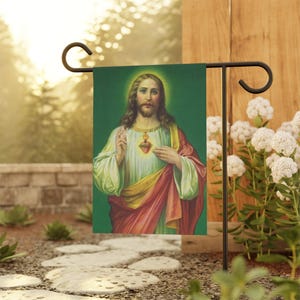 Katholische Banner, Heiligstes Herz Jesu, Christentum, Geschenk, Vintage Gebetskarte, Garten- und Hausbanner