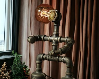 Knee Slide Industrial Robot Lamp | Pipe Man Steampunk Lamp | Gift for Him | Vintage Edison Reading Light | Filament Bulb | Football Lamp