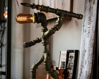 Industrial Robot Big Foot Lamp | Retro Pipe Man Steampunk Bedside Light | Gift for Dad | Vintage Edison Lamp | Filament Bulb